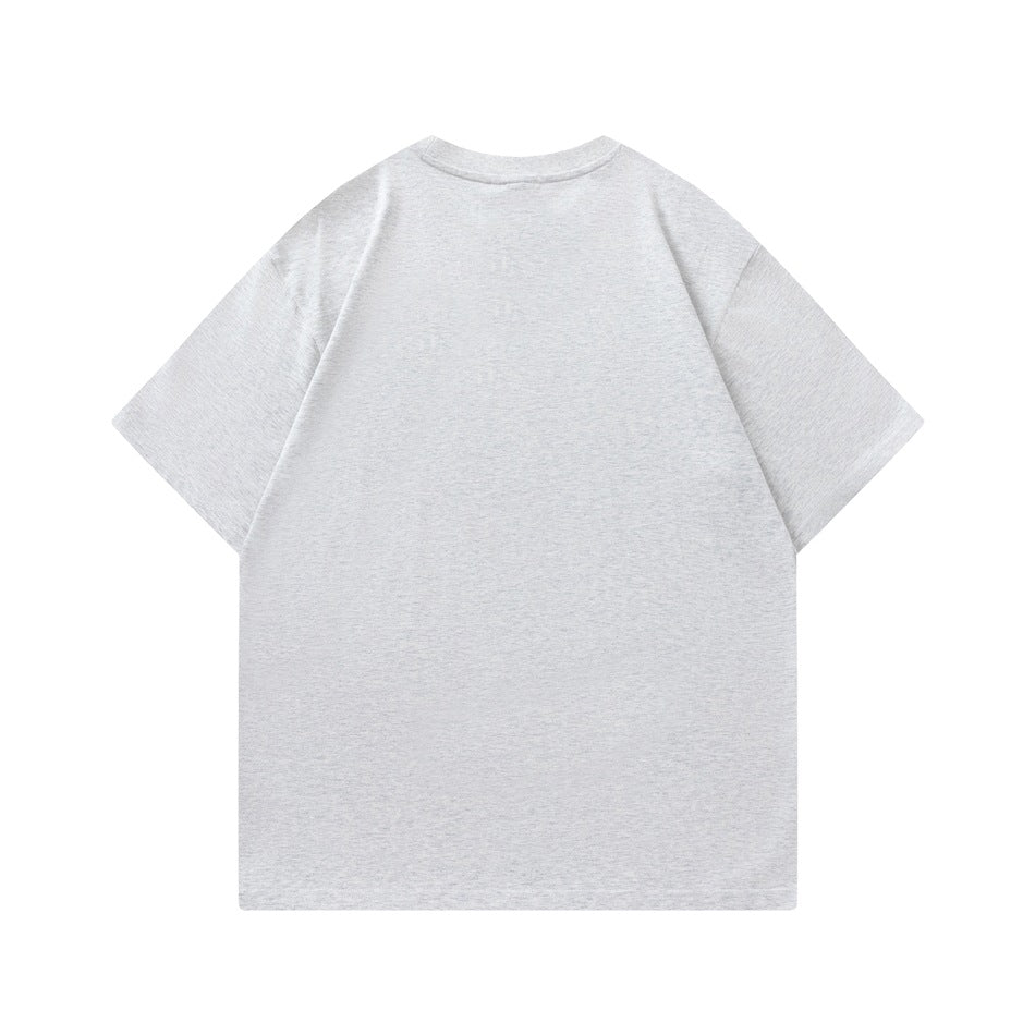 Back view of a plain light heather gray short-sleeve crew-neck T-shirt with dropped shoulders