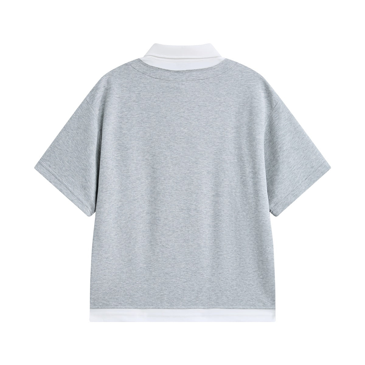 Back view of heather gray short-sleeve top with white under-collar and white hem band