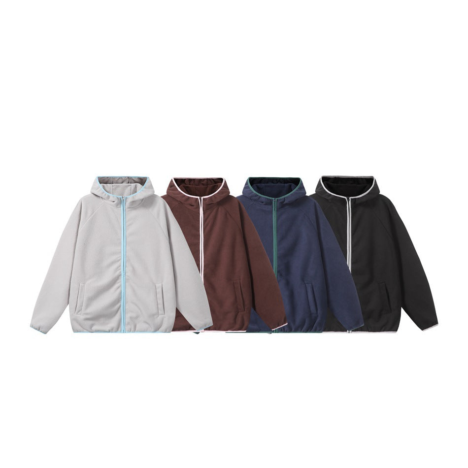 Four hooded zip jackets shown together in light gray, brown, navy, and black, each with contrasting trim.