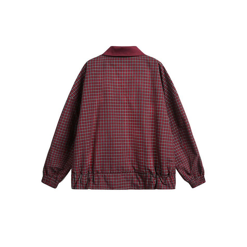 Back view of a red-and-black plaid jacket with a burgundy collar and gathered hem and cuffs.