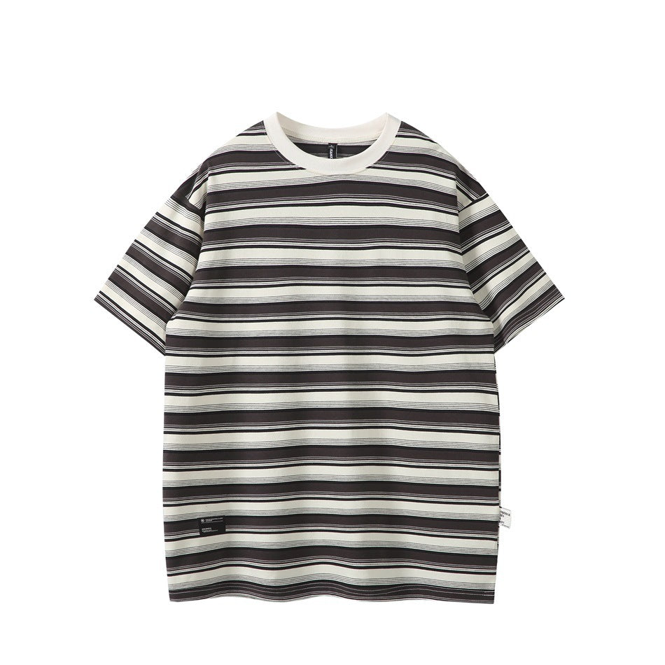 Gray and cream striped short-sleeve crew-neck T-shirt with cream collar, flat front view