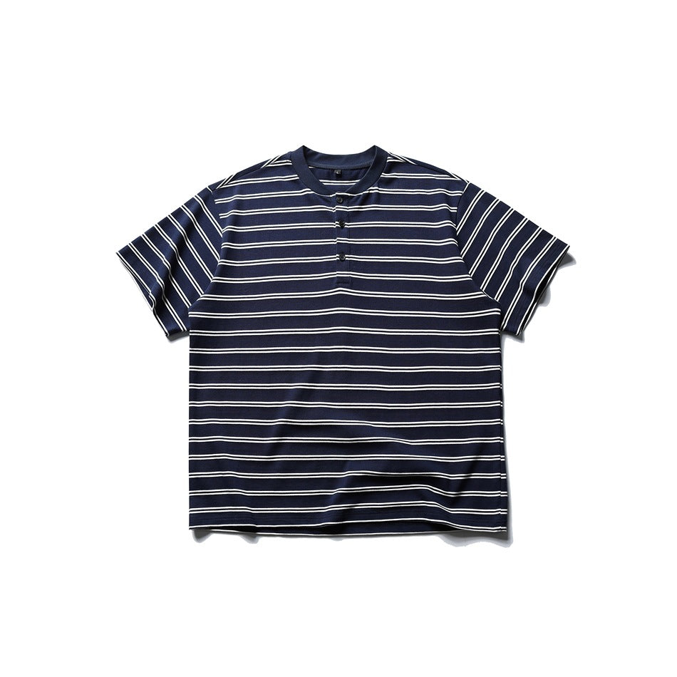 Navy short-sleeve Henley T-shirt with white double stripes and three-button placket, flat front view