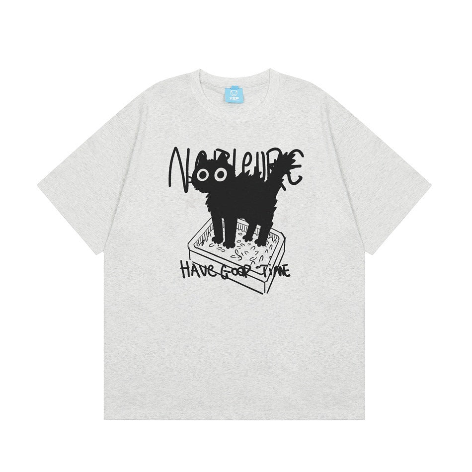 Heather gray short-sleeve T-shirt with black cat in litter box graphic and handwritten lettering, front view