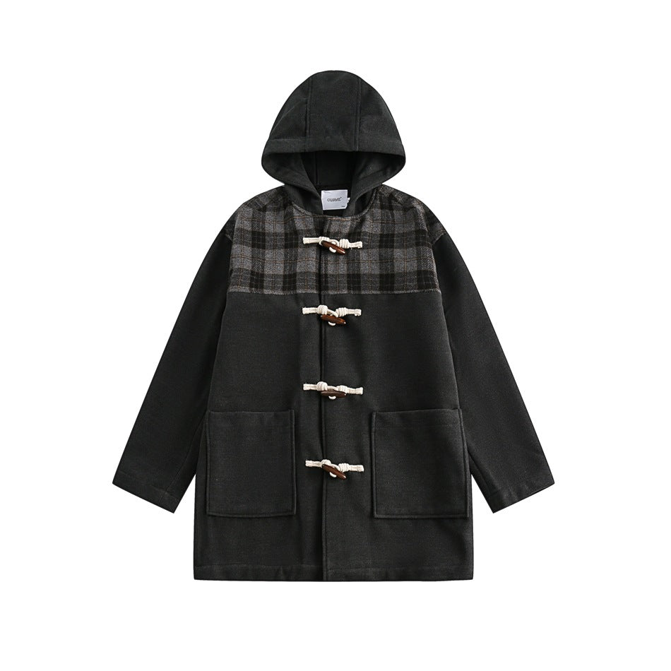 Charcoal black hooded toggle coat with plaid shoulder yoke, four wooden toggles and two large front pockets, flat view