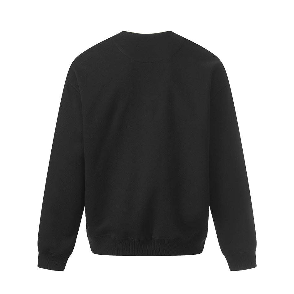 Back view of a plain black crewneck sweatshirt with long sleeves and ribbed cuffs and hem.