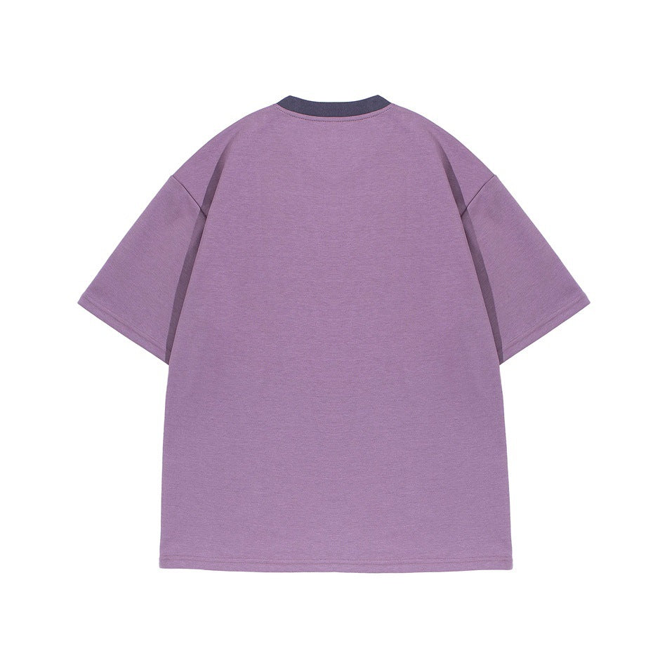 Back view of a purple short-sleeve T-shirt with a dark crew-neck collar.