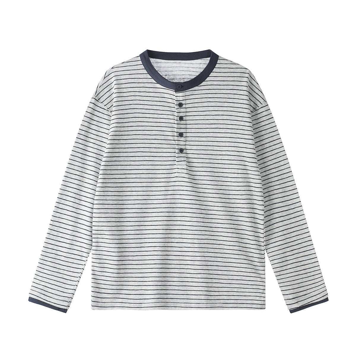 Gray striped long-sleeve Henley top with navy collar, four buttons and navy cuff trim, flat front view