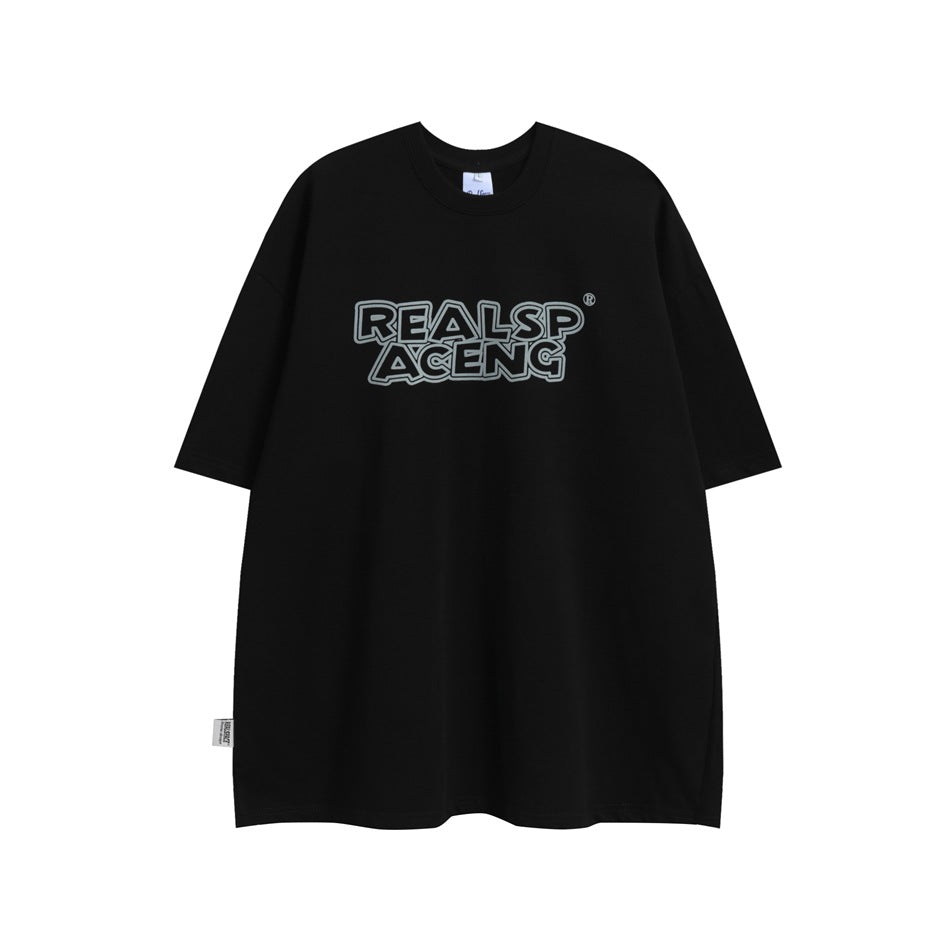 Black oversized crew-neck T-shirt with short sleeves and pale outlined chest lettering, shown from the front.