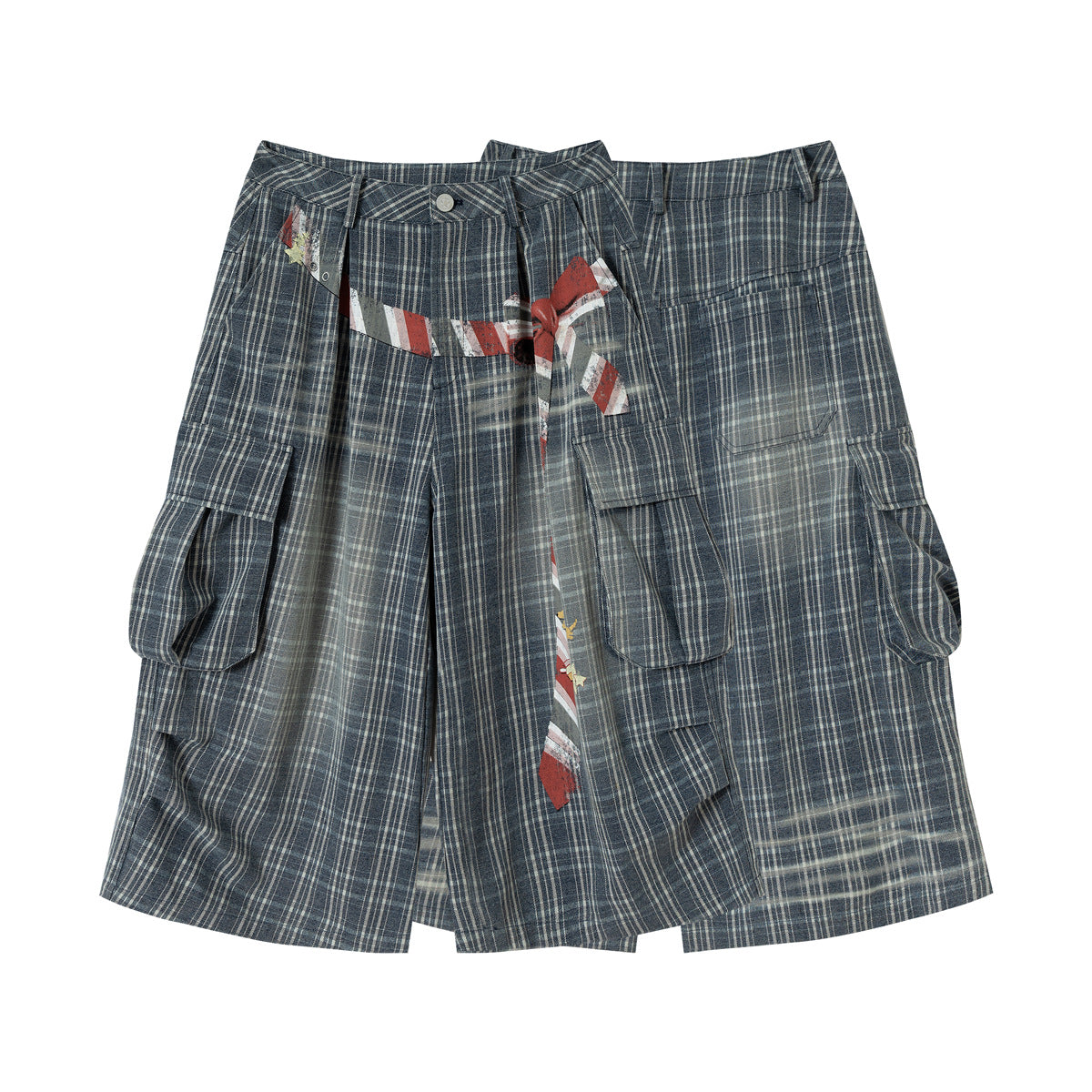 Blue-gray plaid cargo shorts shown from front and back, with large side pockets and a distressed red, white, and gray
