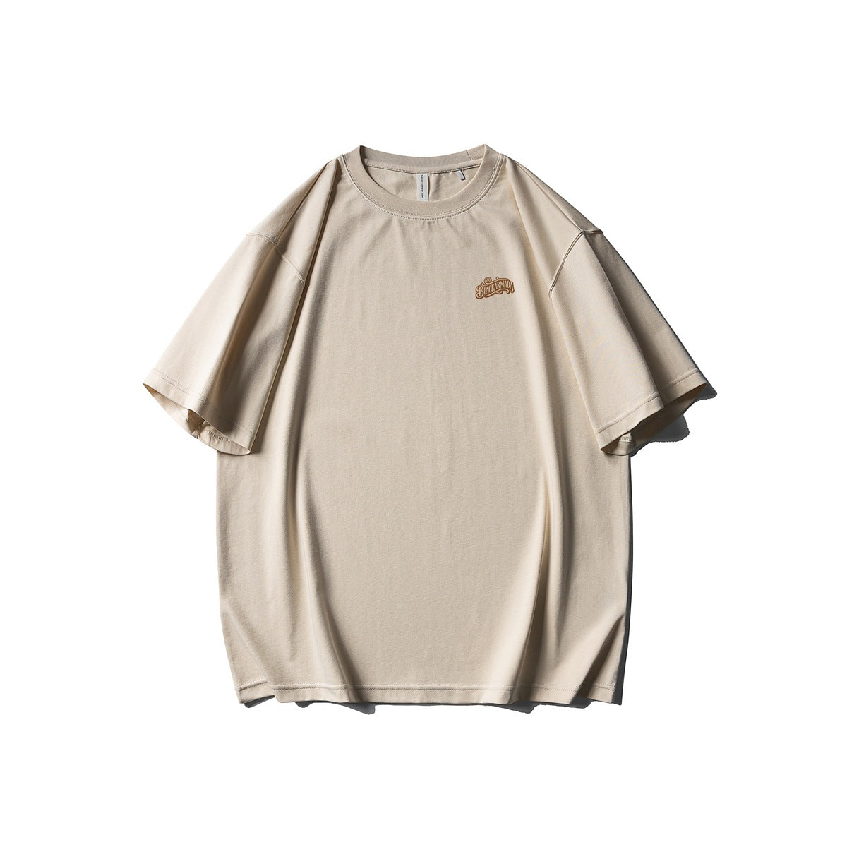 Light khaki crew-neck short-sleeve T-shirt front view with small brown chest logo