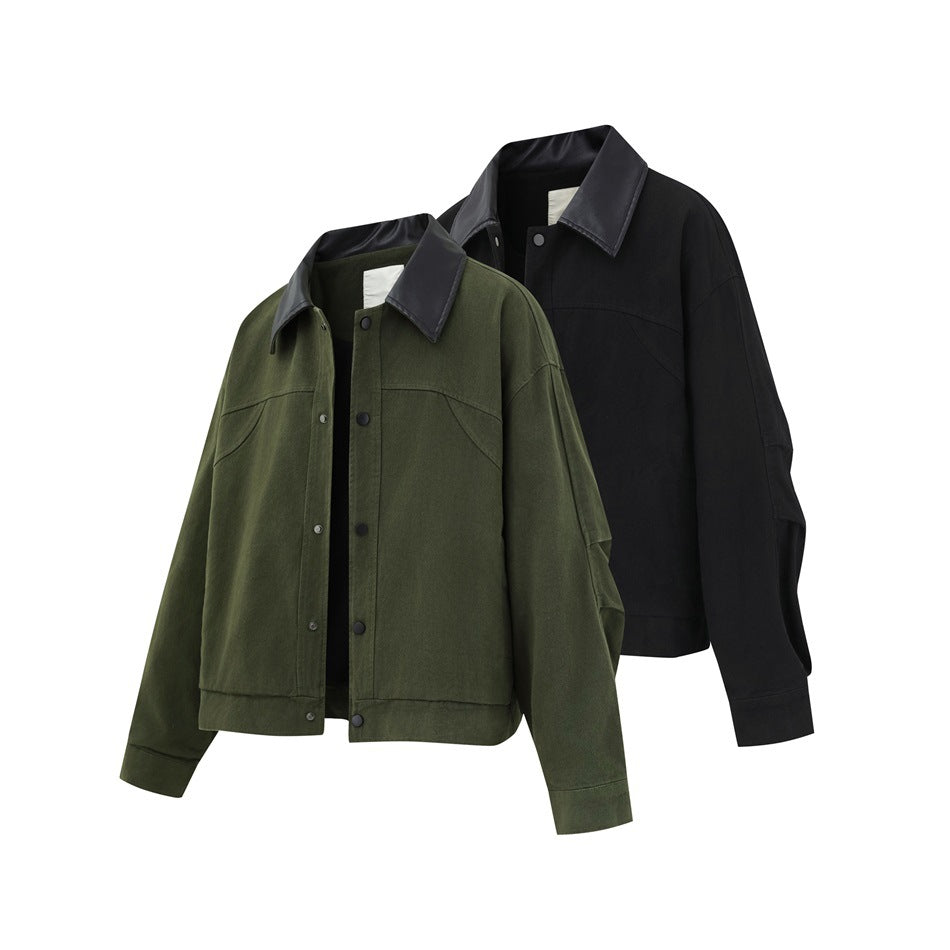 Two jackets shown together: an olive green jacket in front and a black jacket behind, both with black collars and snap