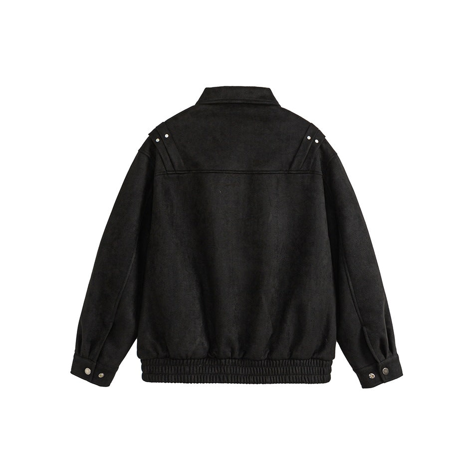 Back view of a black jacket with shoulder tabs, snap cuffs, and a gathered elasticated hem.