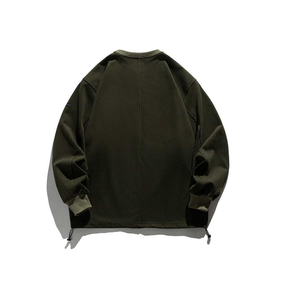 Back view of an olive green sweatshirt with long sleeves, a center seam, and adjustable drawcords at the hem.