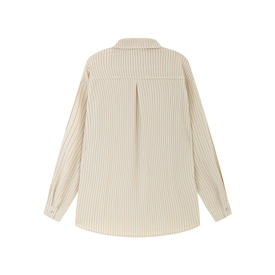 Back view of a cream long-sleeve shirt with thin vertical stripes, a yoke seam, and a center pleat.