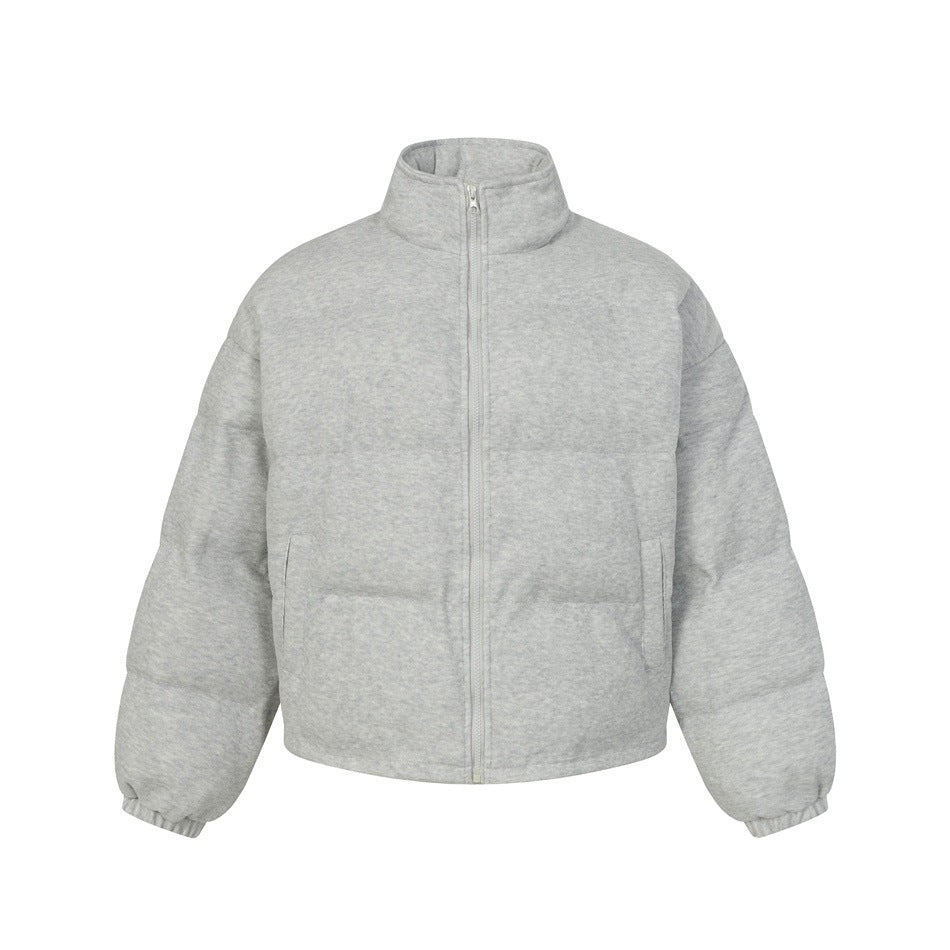 Heather gray cropped puffer-style jacket with stand collar, front zipper and elastic cuffs, flat front view