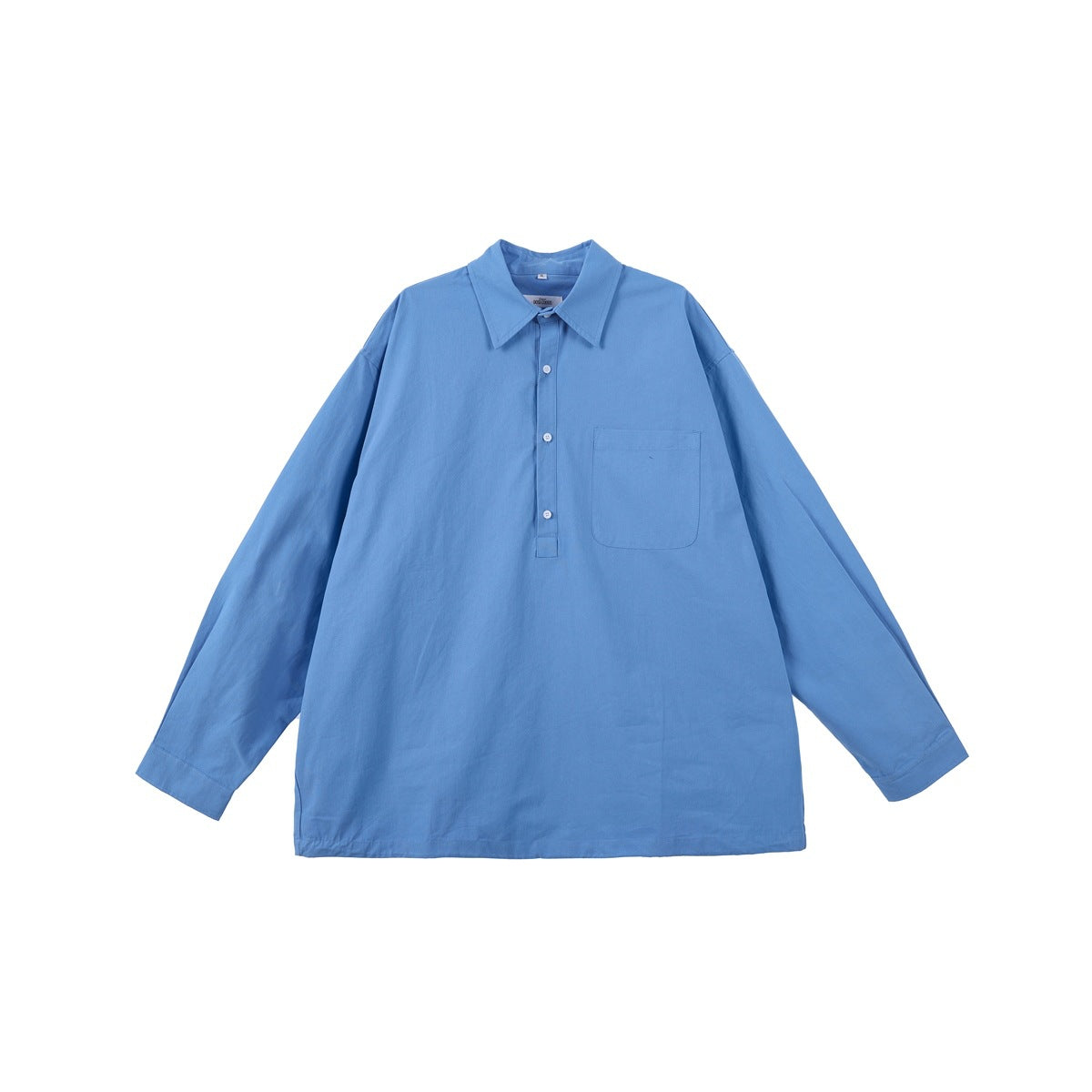 Blue long-sleeve shirt flat lay, front view with collar, half-button placket and chest pocket