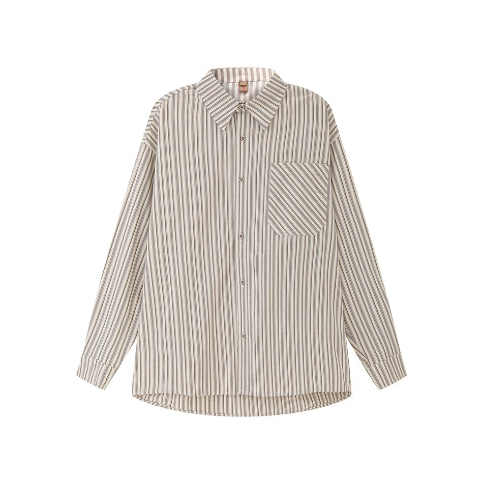 Brown and cream striped long-sleeve button-up shirt with chest pocket, flat lay front view