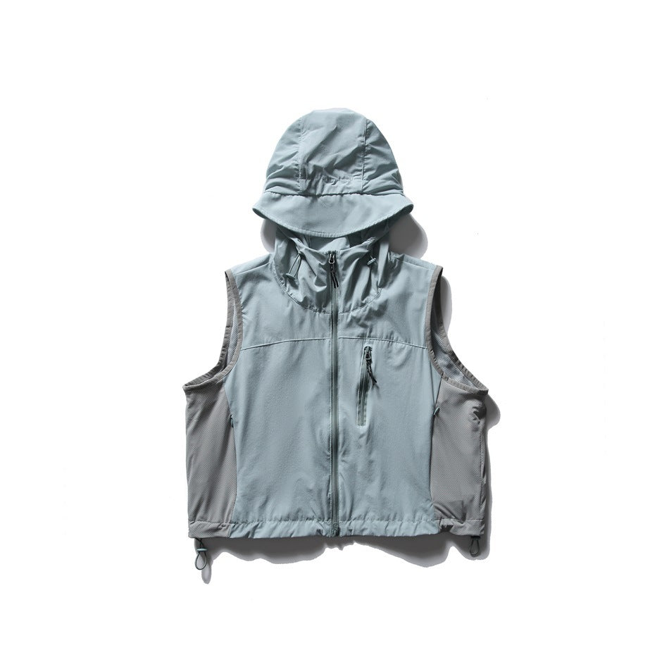 Lake blue hooded zip vest with gray side panels, chest zip pocket and hem toggles, flat lay front view