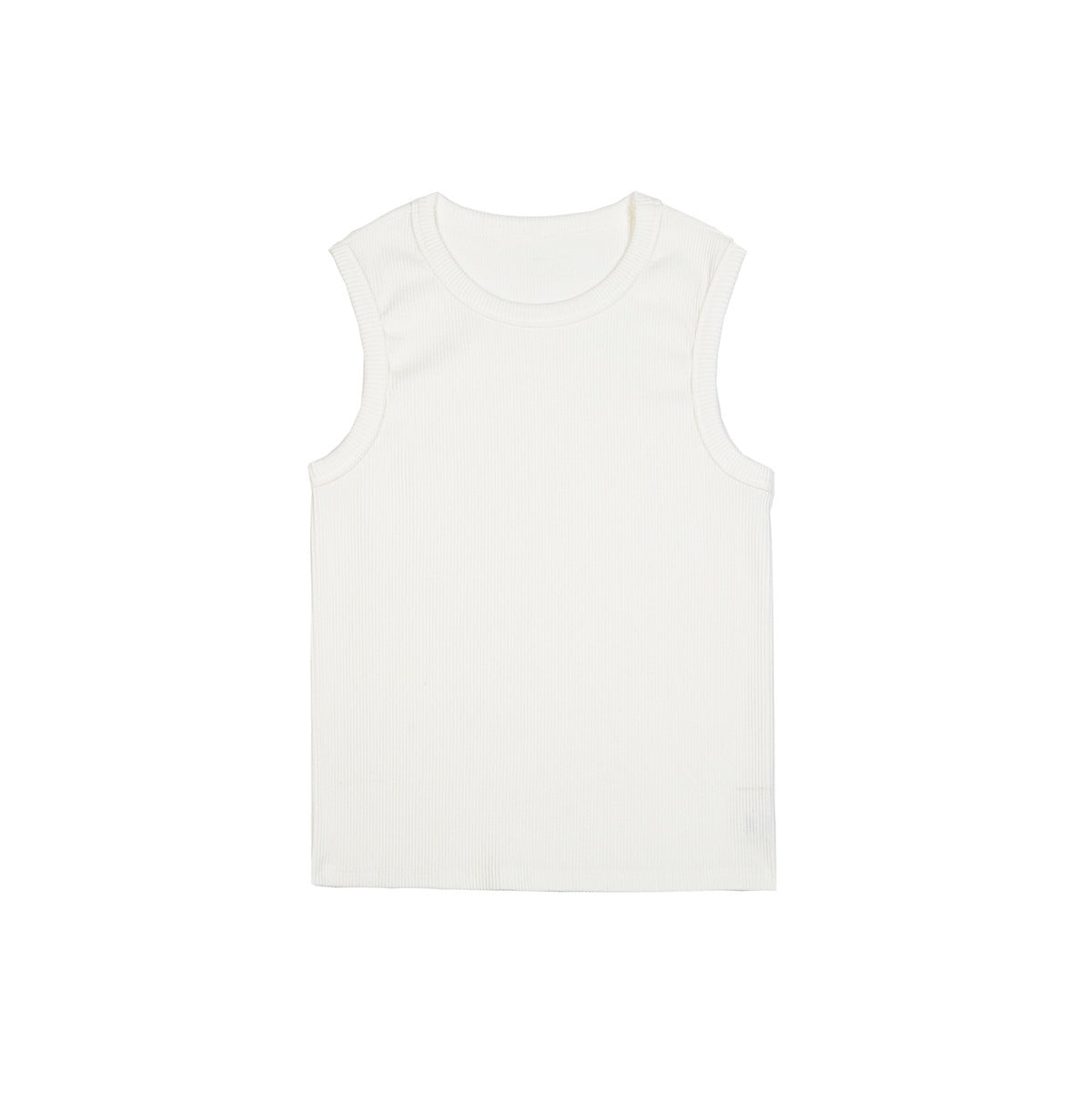 White sleeveless ribbed knit tank top with round neckline, flat lay on a white background