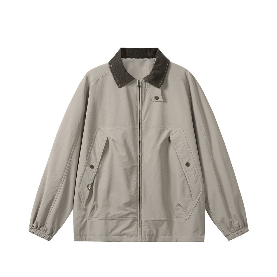 Khaki zip-front jacket with dark brown ribbed collar, snap pockets and elastic cuffs, flat front view