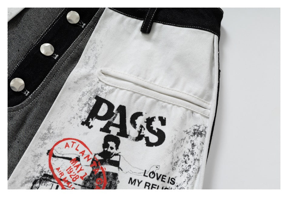 Close-up of a white front pocket panel with distressed black-and-red graphic print and a horizontal pocket opening.