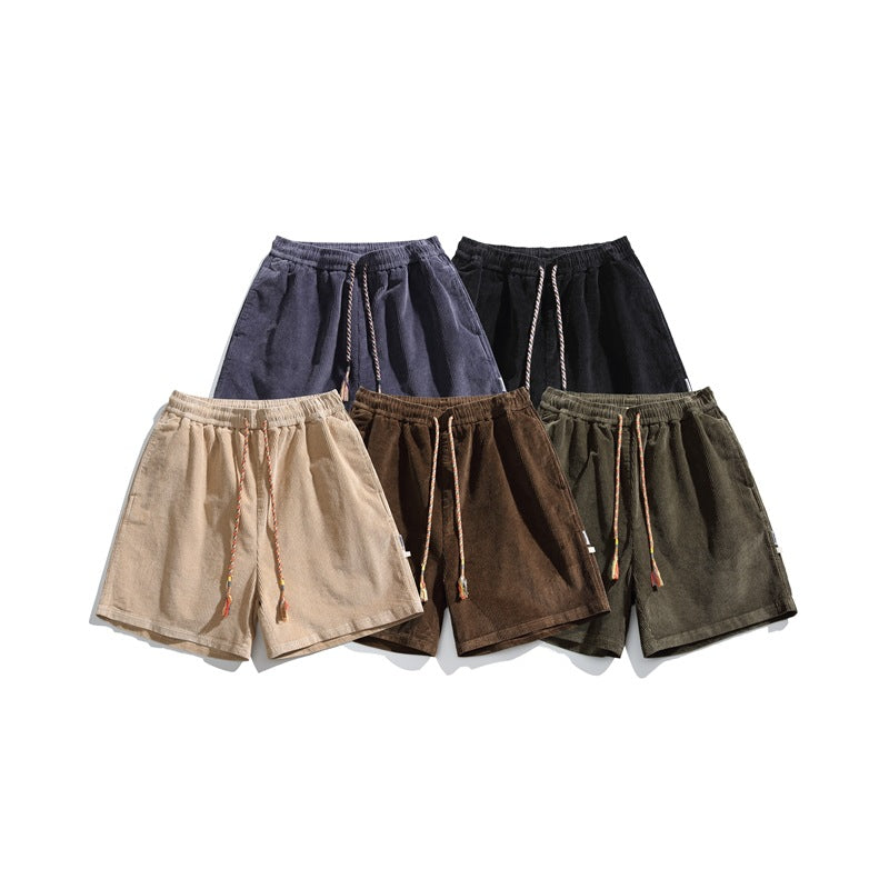 Five pairs of drawstring shorts shown together in navy, black, beige, brown, and olive.