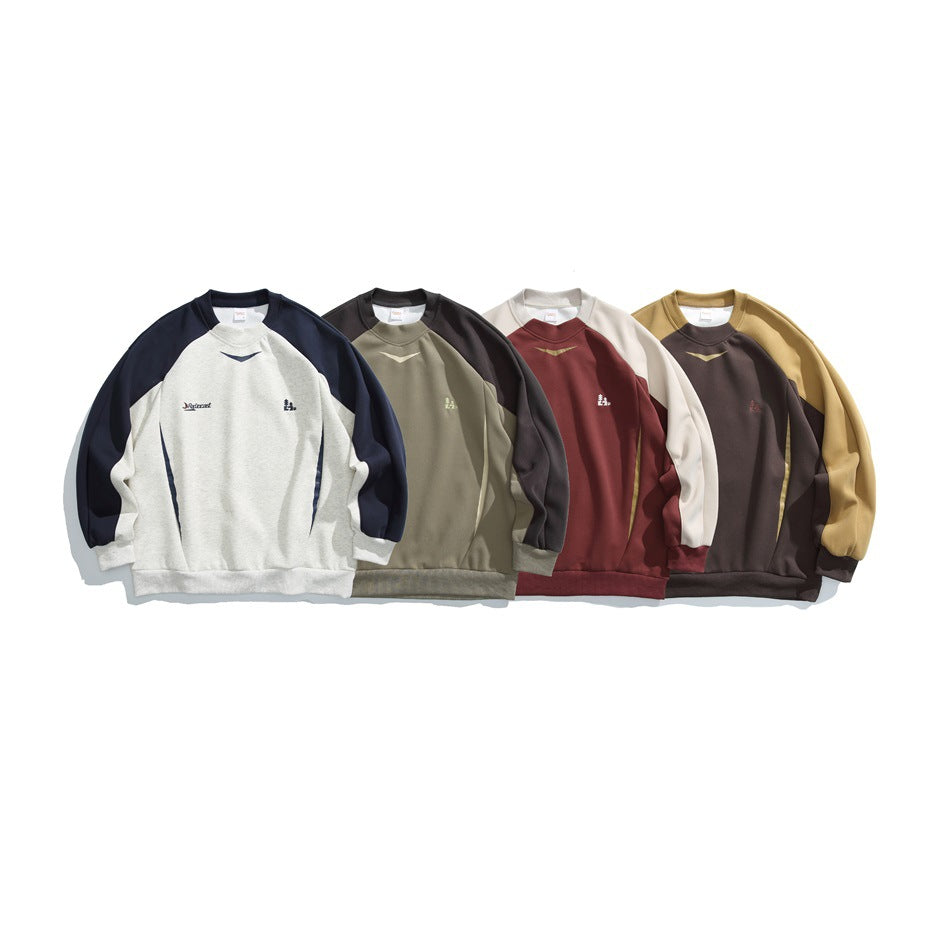Four colorways of a color-block raglan sweatshirt arranged together: gray and navy, olive and charcoal, rust and cream, and