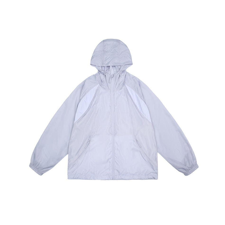 Light purple hooded zip-up lightweight jacket flat lay with contrast raglan panels and zippered pockets