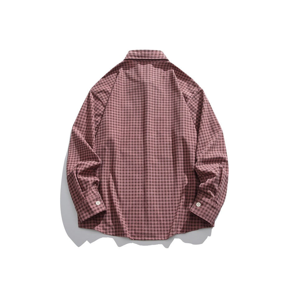 Back view of a dusty rose and dark gingham button-up shirt with a collar, long sleeves and button cuffs.