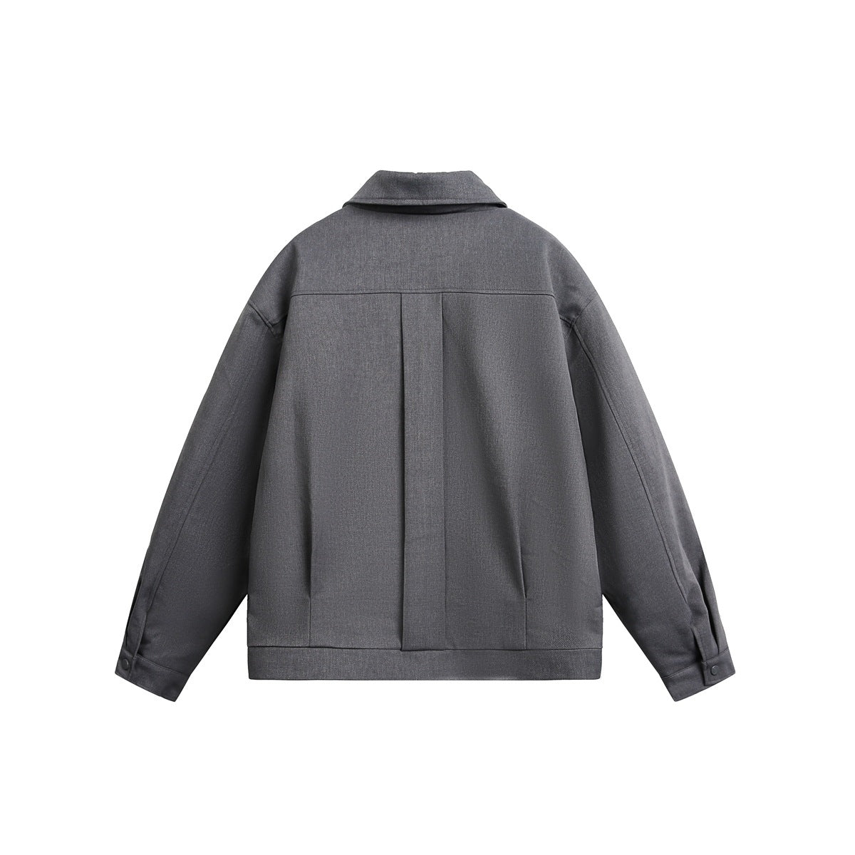 Back view of a charcoal gray collared jacket with a center pleat, long sleeves, buttoned cuffs, and a straight hem.