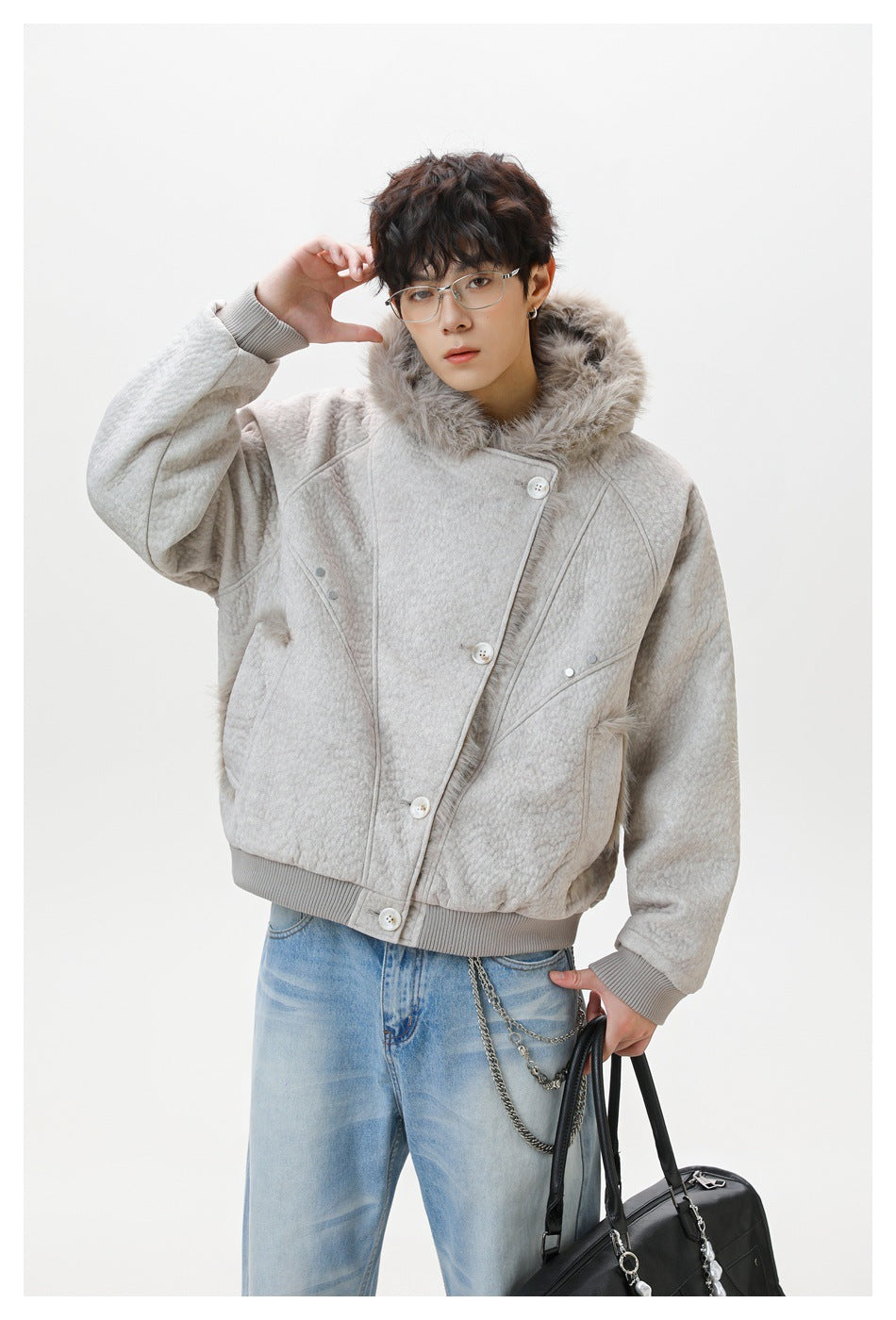 Model wearing a light gray quilted jacket with a large faux-fur collar, diagonal button placket, and ribbed cuffs.