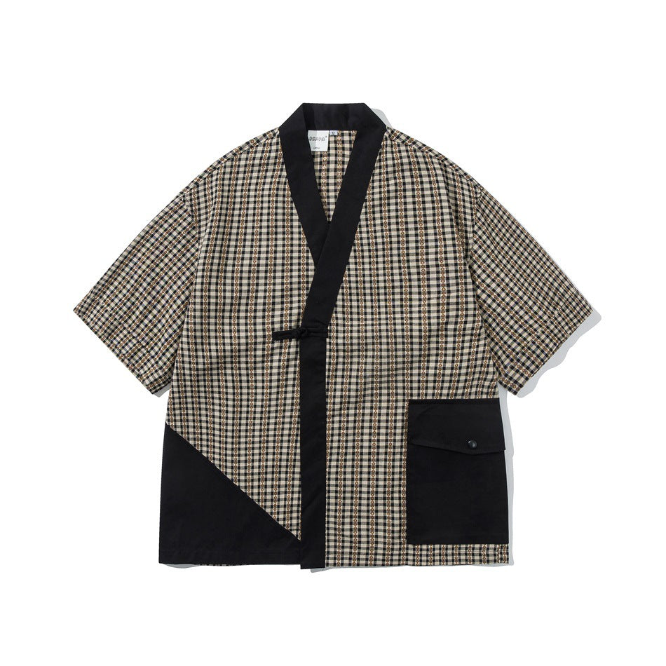 Black and beige checked short-sleeve kimono-style jacket with knot closure, black collar and snap flap pocket