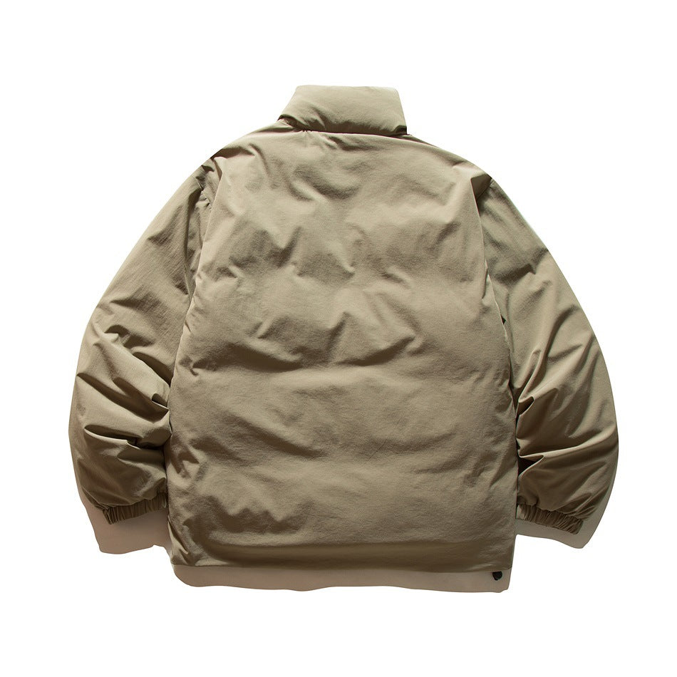 Khaki padded stand-collar jacket, flat lay back view with plain back panel and elastic cuffs