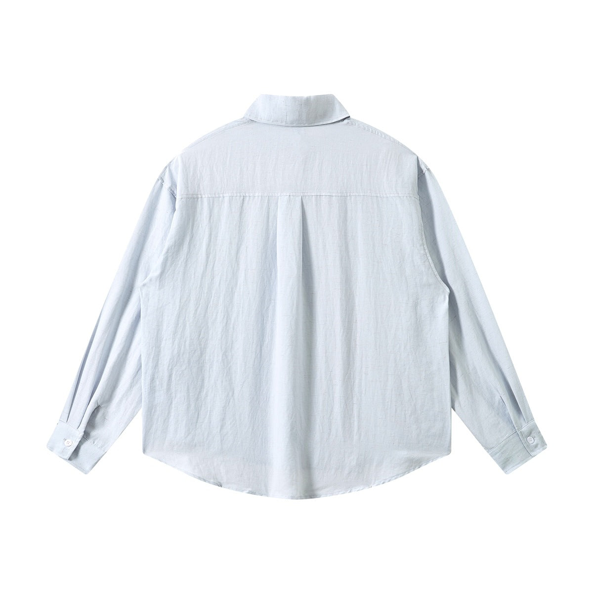 Back view of a pale blue-gray long-sleeve button-down shirt with a center pleat.