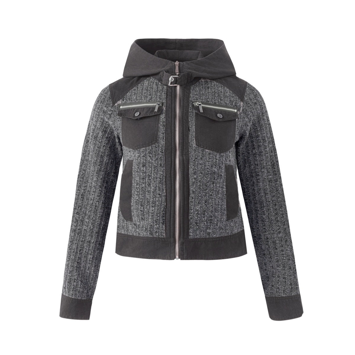Gray cropped hooded zip jacket with ribbed textured body and black contrast pockets, hood, hem and cuffs