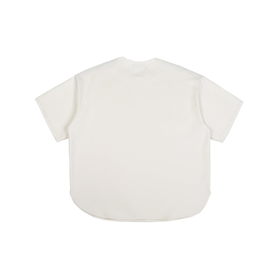 Back view of a white short-sleeve crew neck T-shirt flat lay with curved hem
