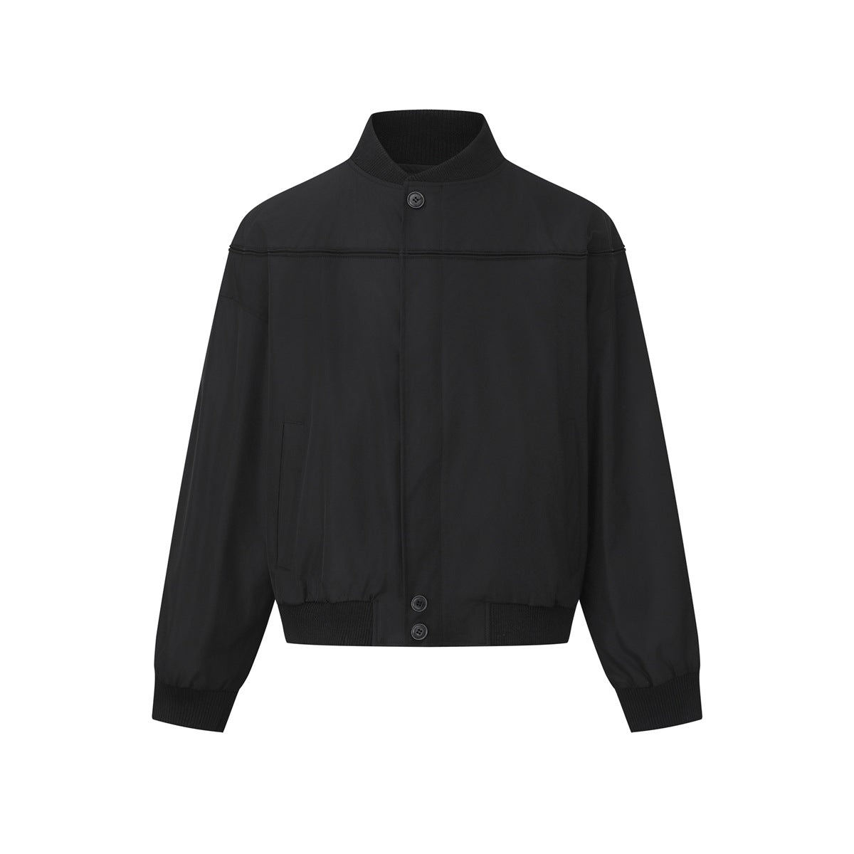 Black bomber-style jacket with ribbed stand collar, cuffs and hem, button placket and slanted pockets, front flat view