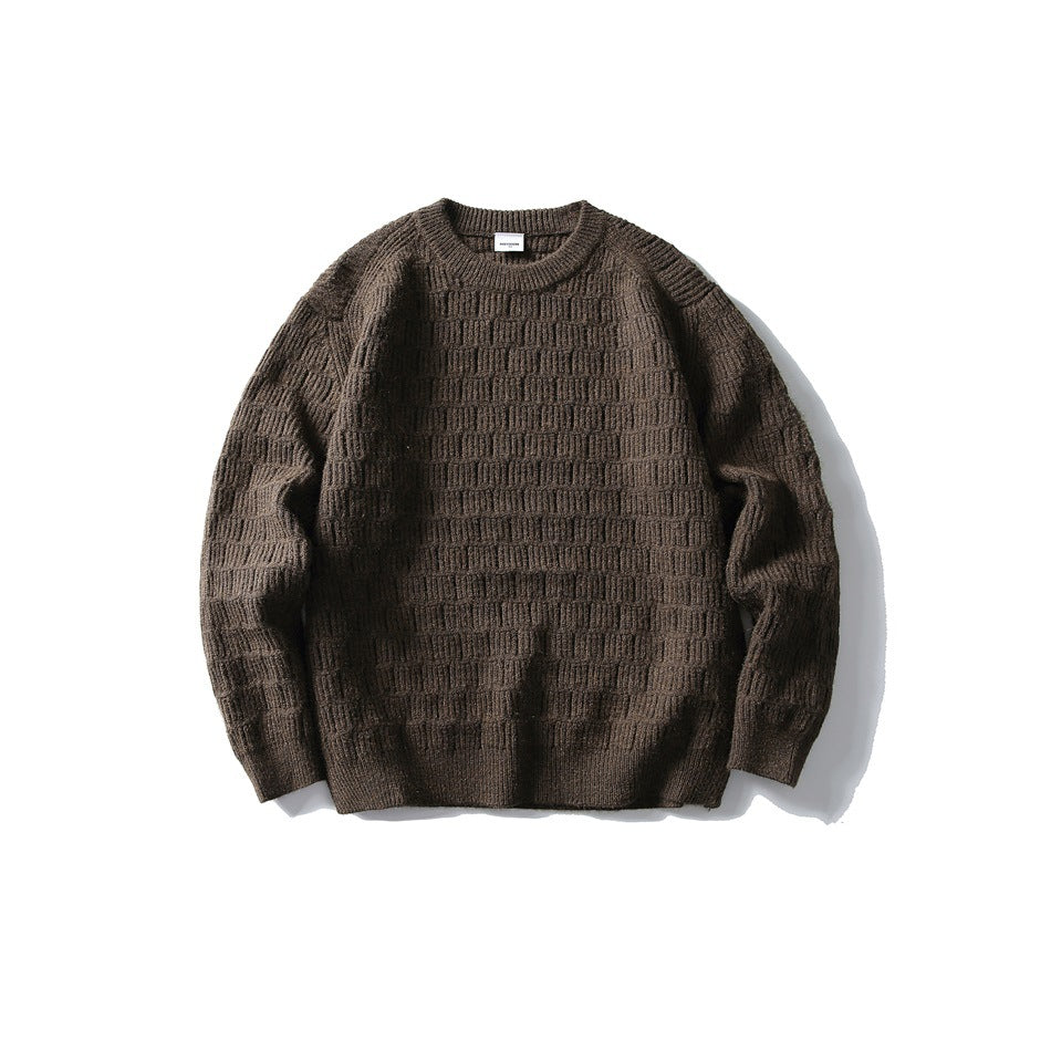 Brown crew-neck knit sweater with basket-weave texture, flat lay front view