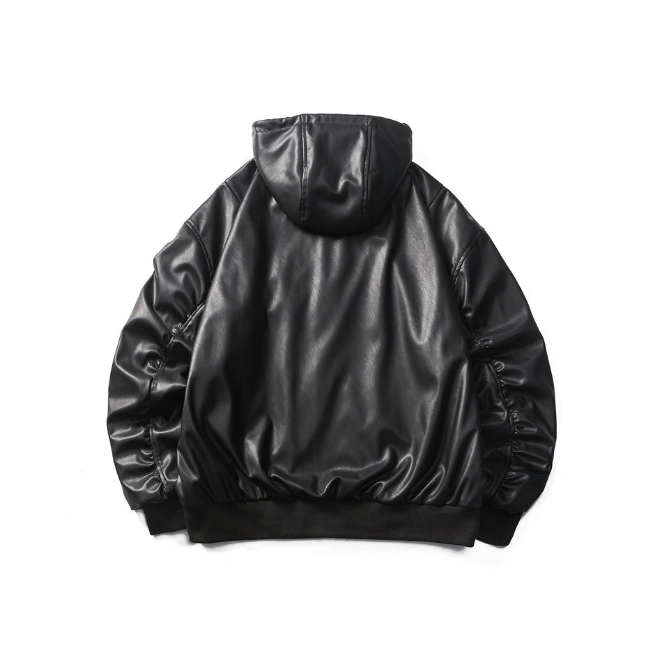 Back view of a black glossy hooded jacket laid flat, with long sleeves and a ribbed hem and cuffs.