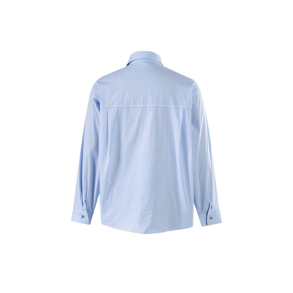 Back view of a light blue gingham long-sleeve shirt with a back yoke seam and buttoned cuffs