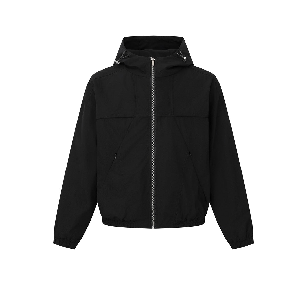 Black hooded zip-up jacket flat lay, front view, with drawcord hood, diagonal seams and elastic cuffs and hem