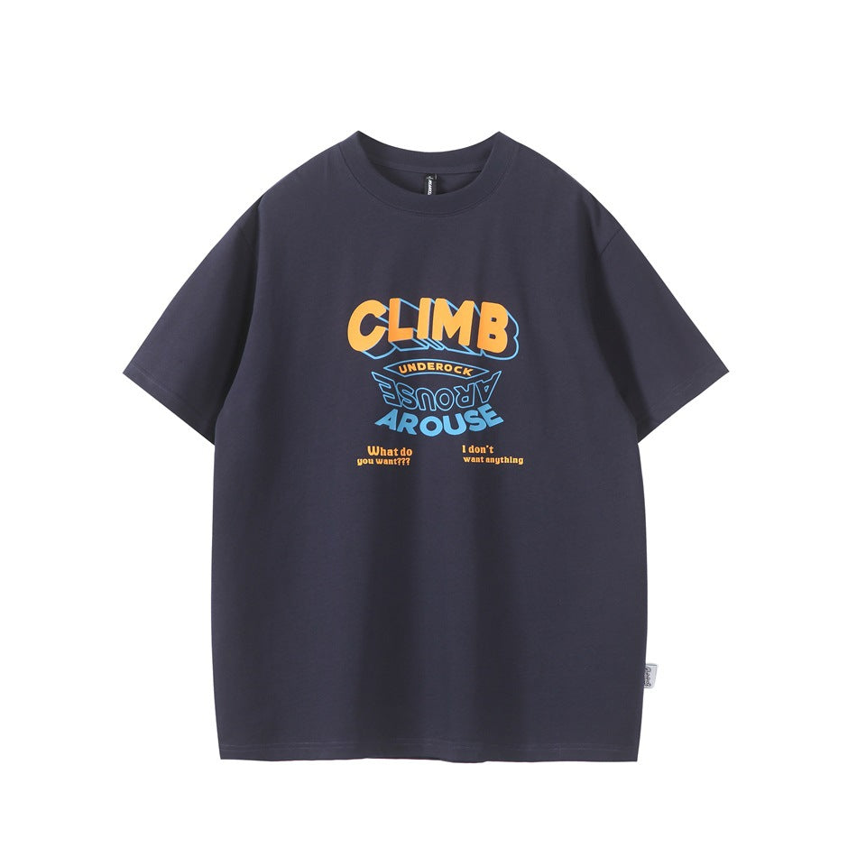Navy short-sleeve crew neck T-shirt with orange and blue CLIMB AROUSE graphic print on the chest, flat lay