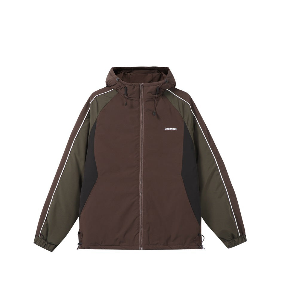 Brown hooded zip jacket with olive green sleeves, black side panels and white piping on a plain background