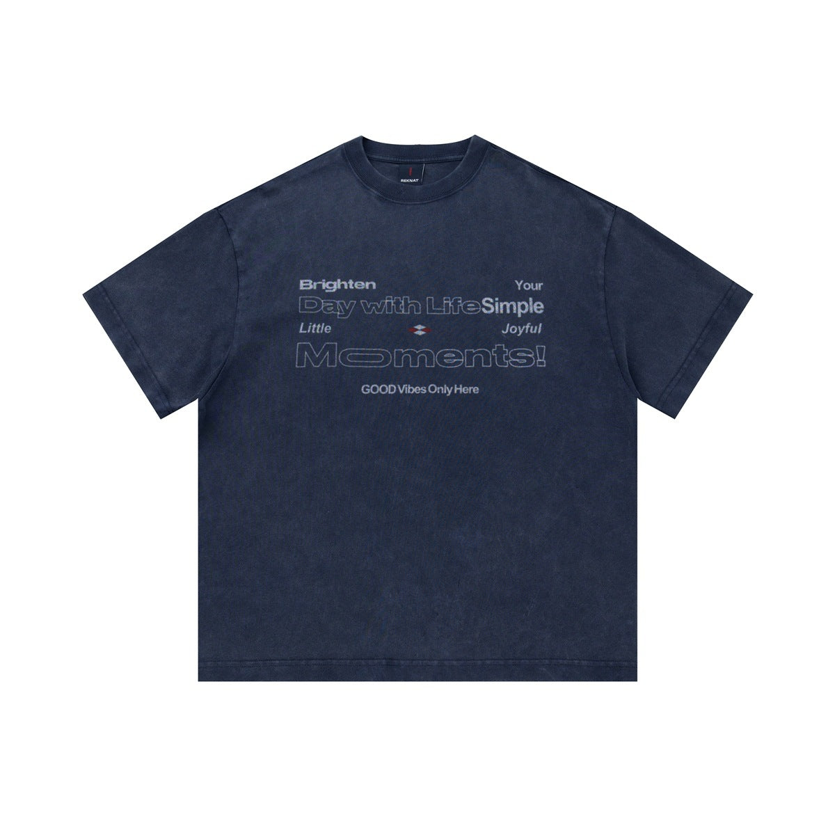 Faded blue short-sleeve crew-neck T-shirt with outlined slogan graphic on the front, flat lay