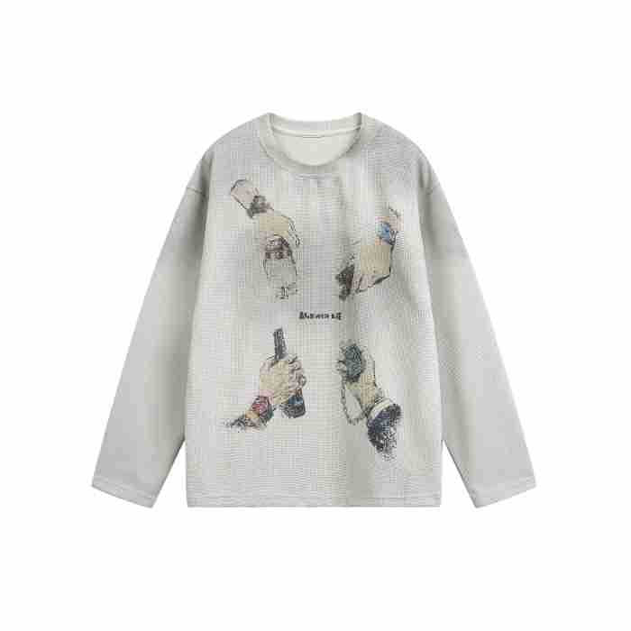 Beige waffle-texture crew-neck long-sleeve pullover with four-hands graphic print, flat front view