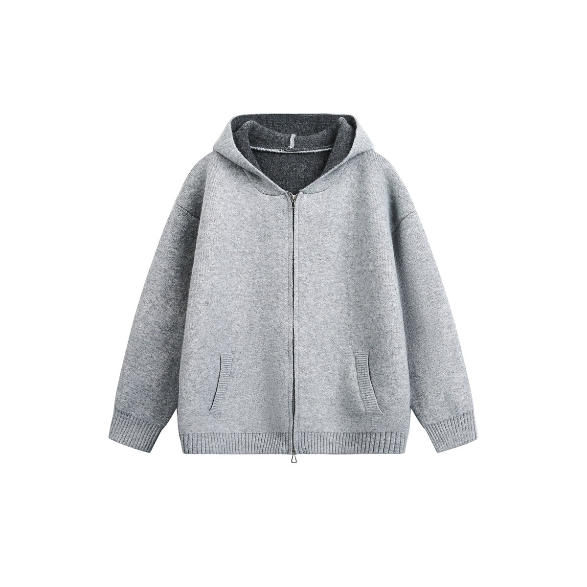Light gray knit zip-up hooded jacket, flat front view with dark gray hood interior, ribbed cuffs and hem, and front pockets