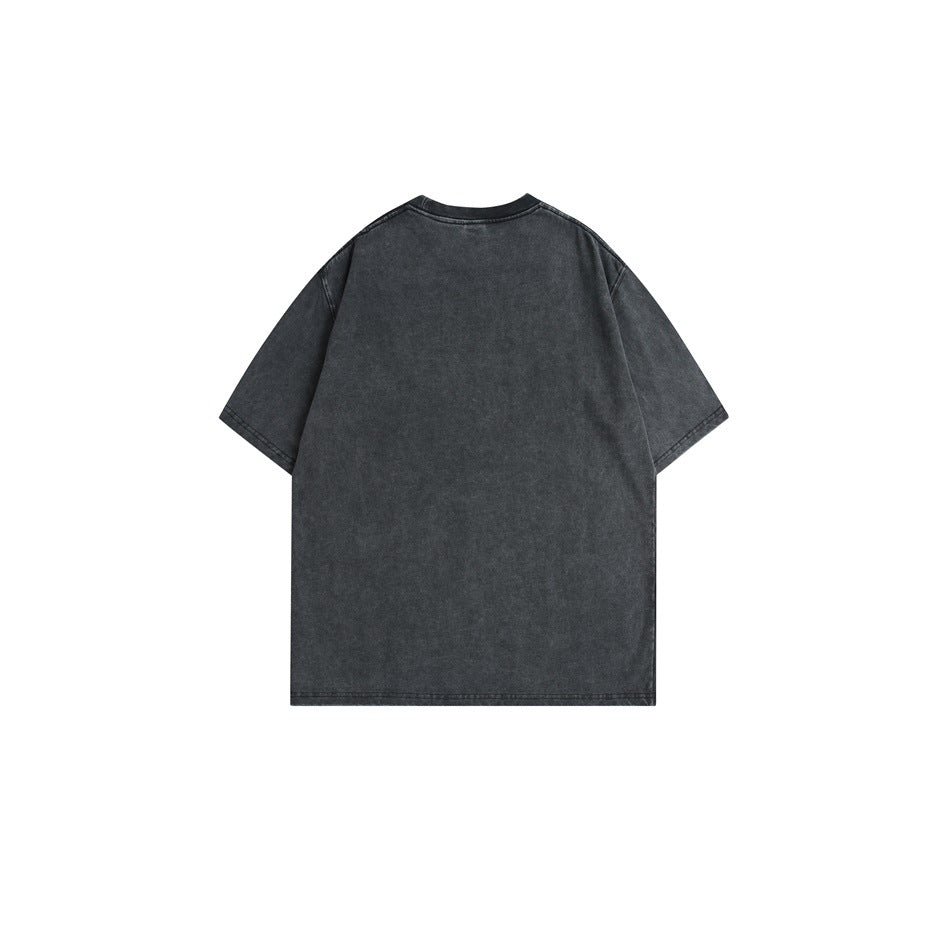 Back view of a plain charcoal short-sleeve T-shirt with a crew neck.