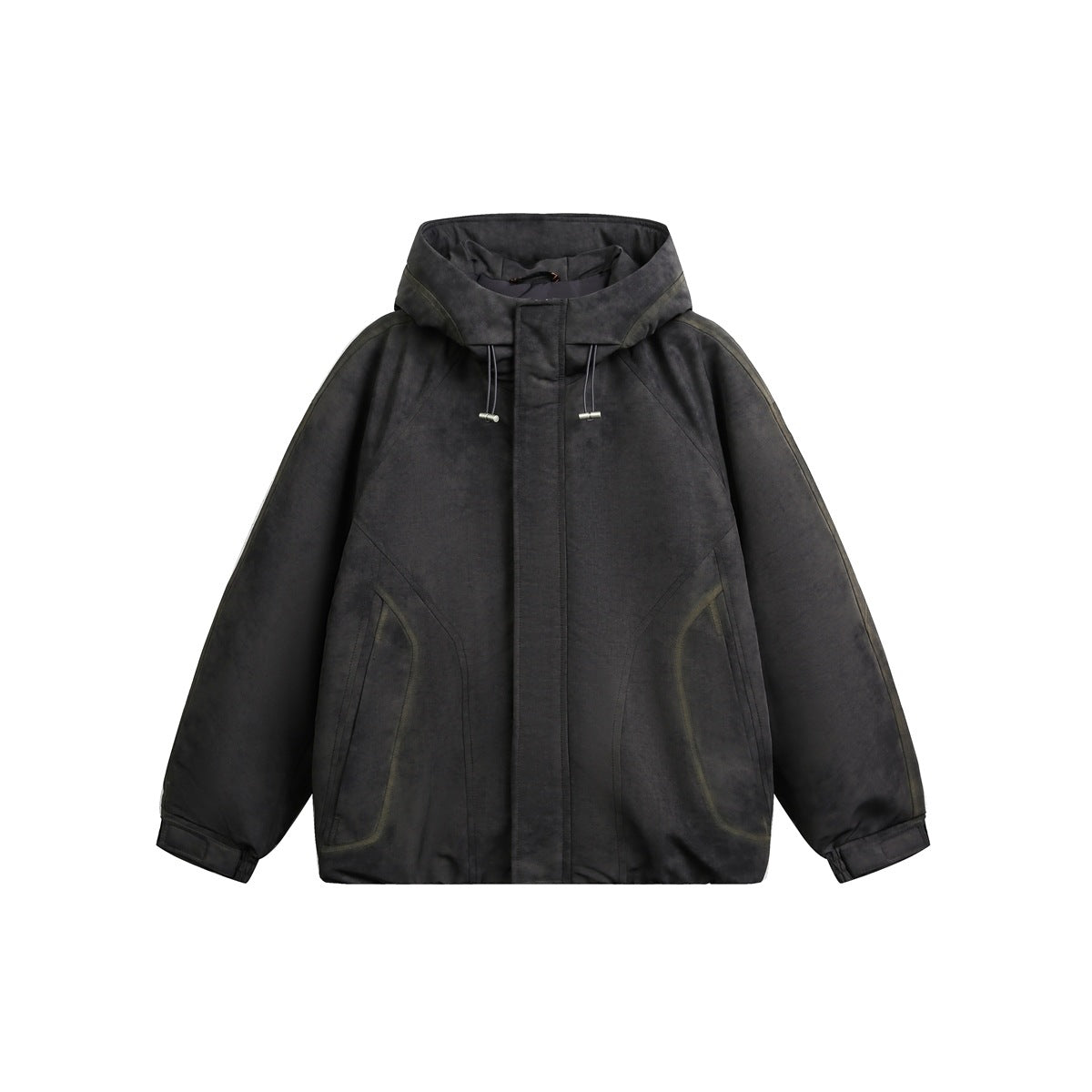 Dark gray hooded jacket flat lay with drawstring hood, contrast stitching, raglan sleeves and front pockets