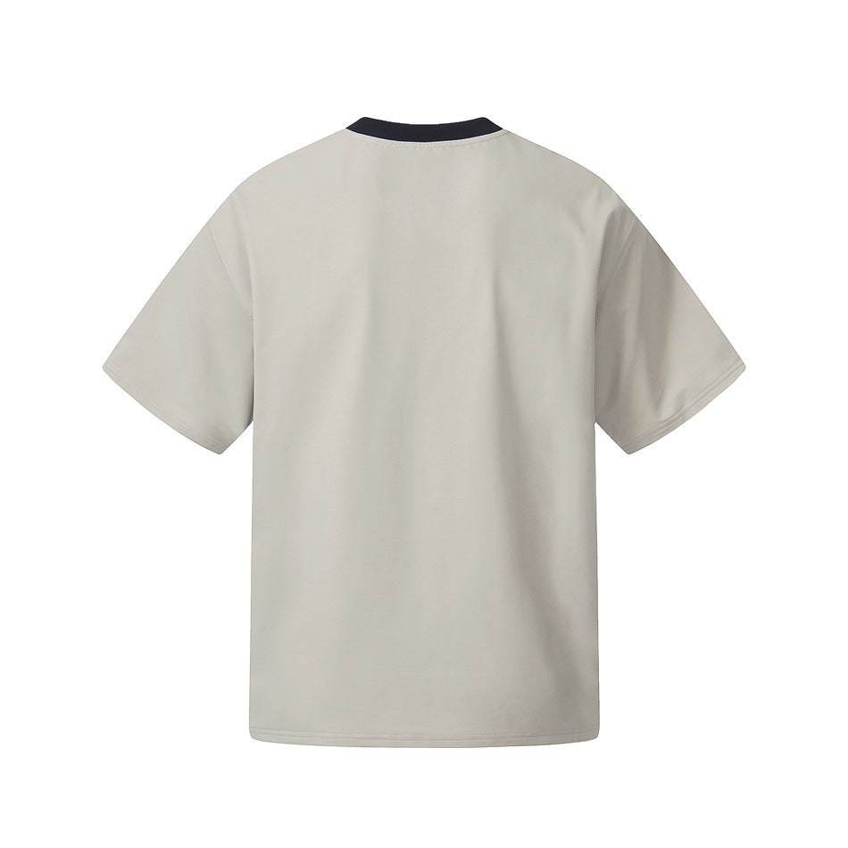 Back of a light gray short-sleeve T-shirt, shown flat with a dark contrast crew neckline.