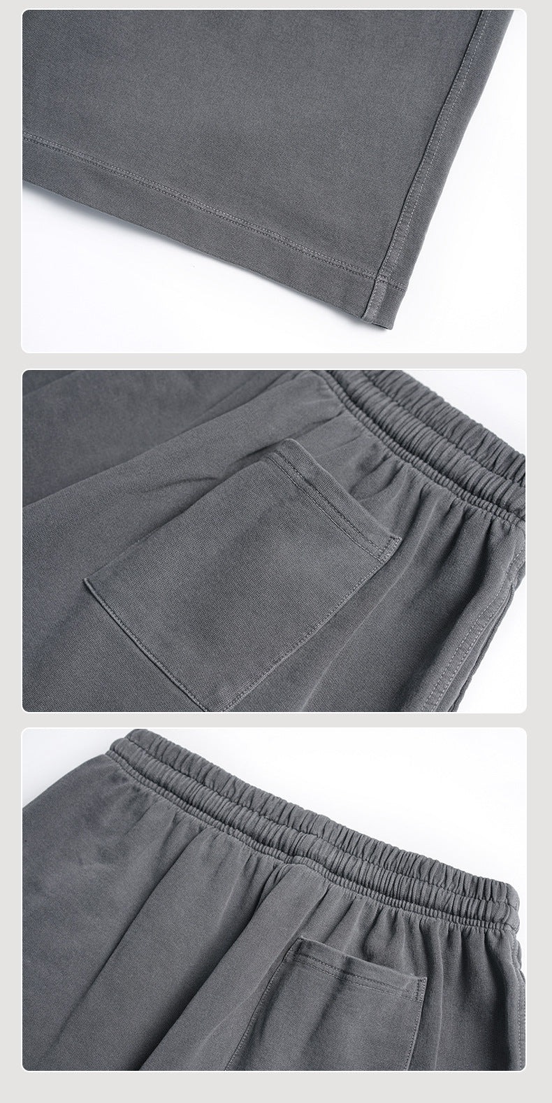 Close-ups of charcoal shorts show the stitched hem, a rear patch pocket, and waistband details.